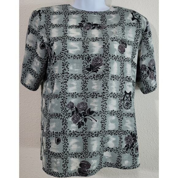 Jordan Gray Green Floral Print Top Medium Soft Lightweight Keyhole Back Closure - Picture 1 of 4